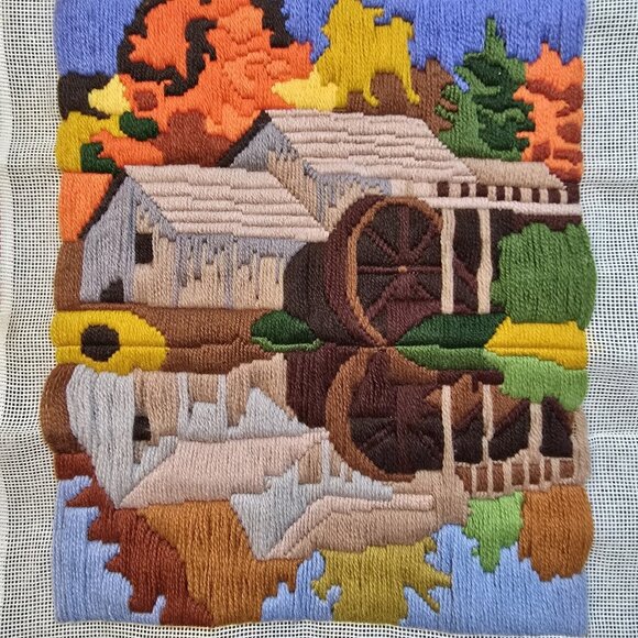 VTG 1978 Finished Needlepoint Artwork Country Mill Water Reflection 11" x 13" - Picture 4 of 7